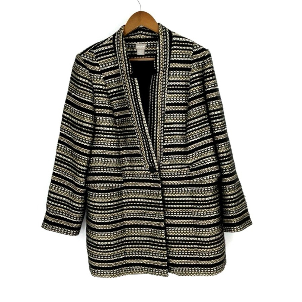 Chicos Women's Brocade Blazer Jacket‎ Size 3 (16-18) Black Gold One Button